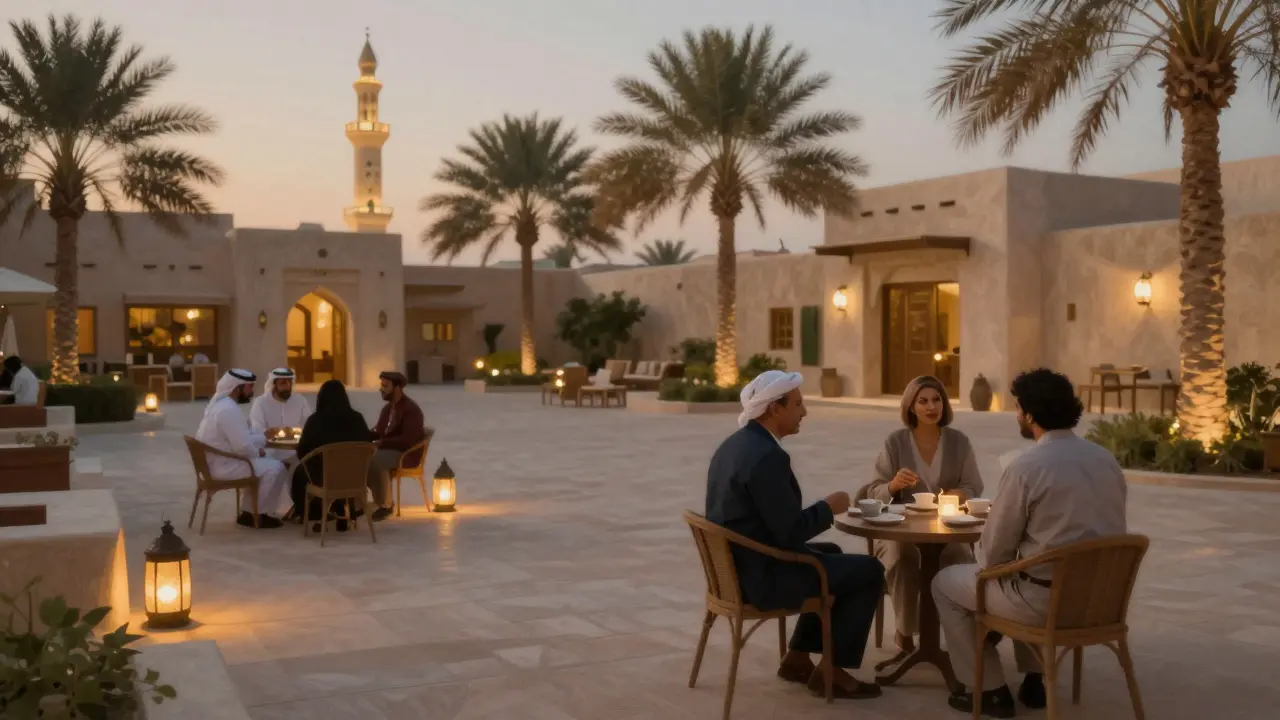 A diverse group of expats chatting peacefully in a quiet courtyard at dusk, representing genuine social connection in Abu Dhabi.