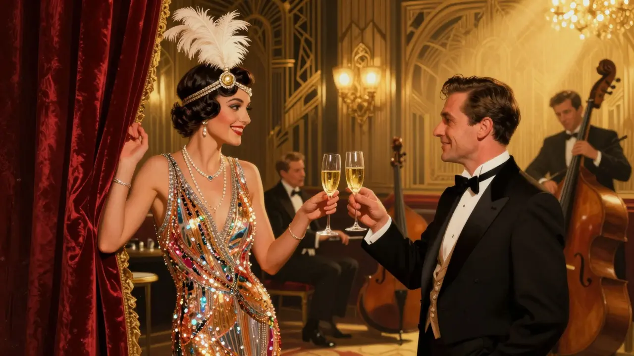 A glamorous 1920s Berlin cabaret performer offers champagne to a gentleman amid jazz music and Art Deco decor.