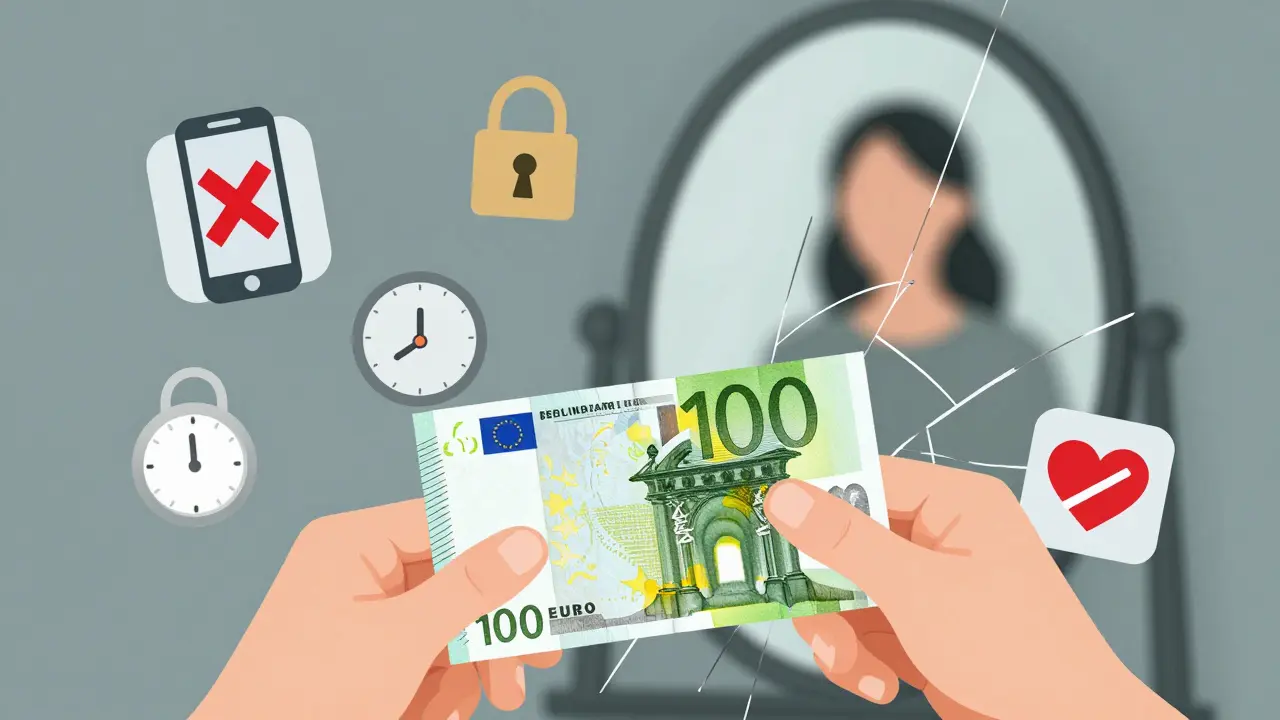 A hand holding cash beside a cracked mirror, with symbolic icons representing transaction and caution.