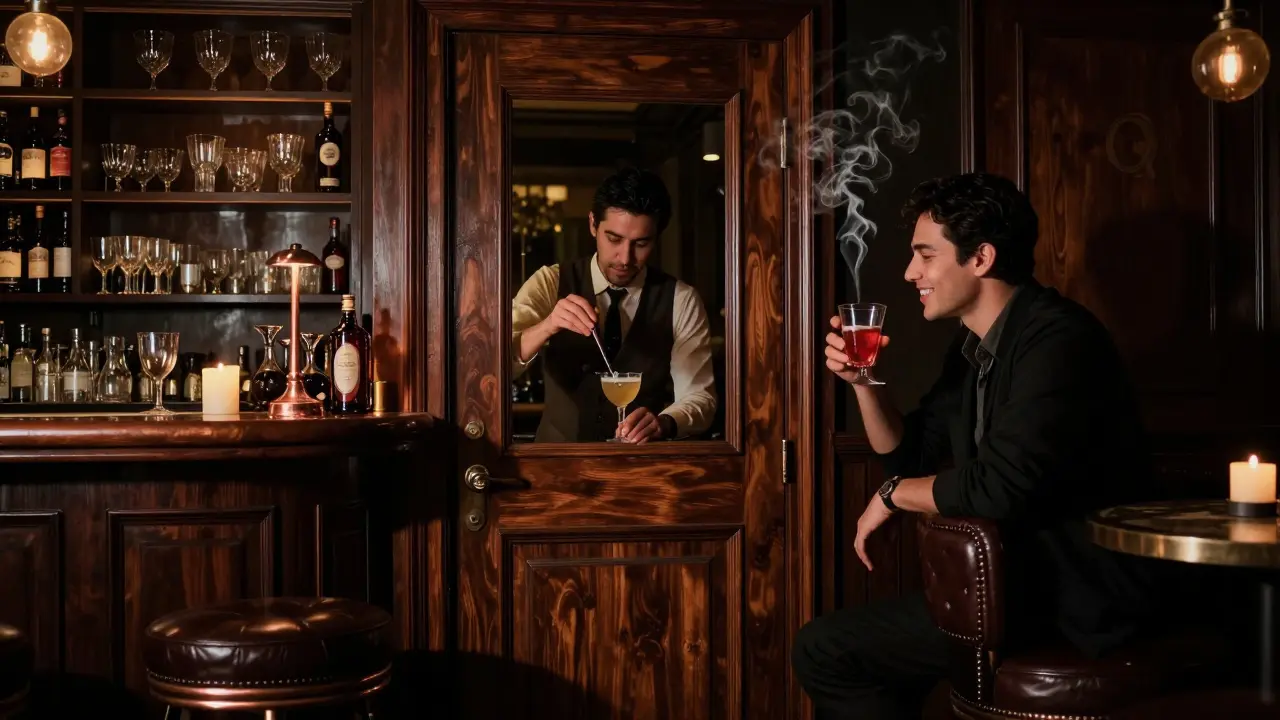 A hidden speakeasy bar with warm candlelight, a bartender crafting a regional cocktail, and rich wooden interiors.