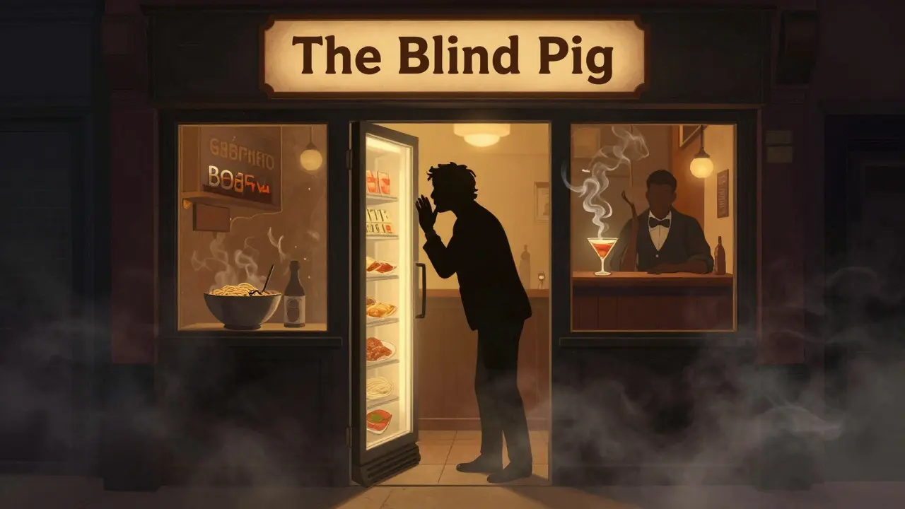 A hidden speakeasy entrance behind a refrigerator door in a Soho noodle shop, glowing with secret light.