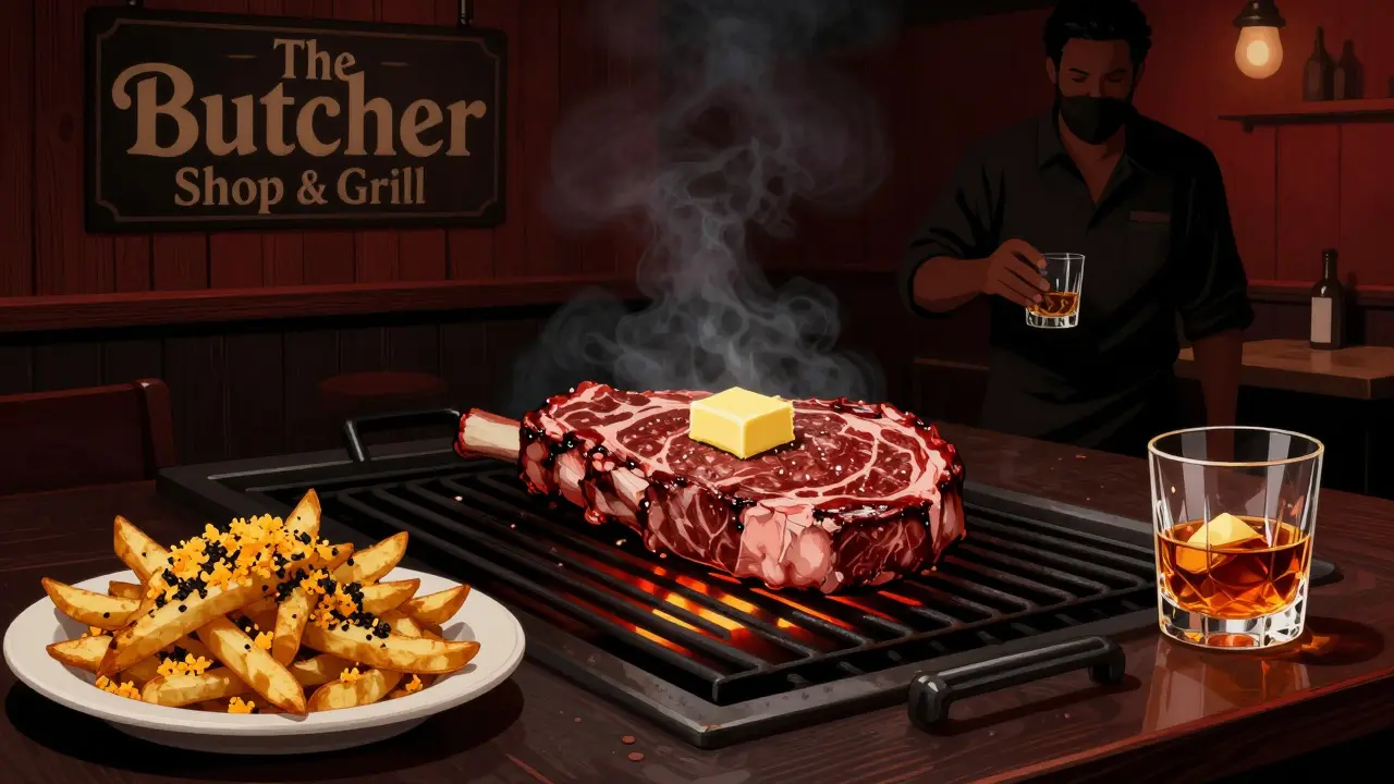 A juicy dry-aged ribeye sizzling on a grill at The Butcher Shop &amp; Grill, with truffle fries and whiskey nearby.