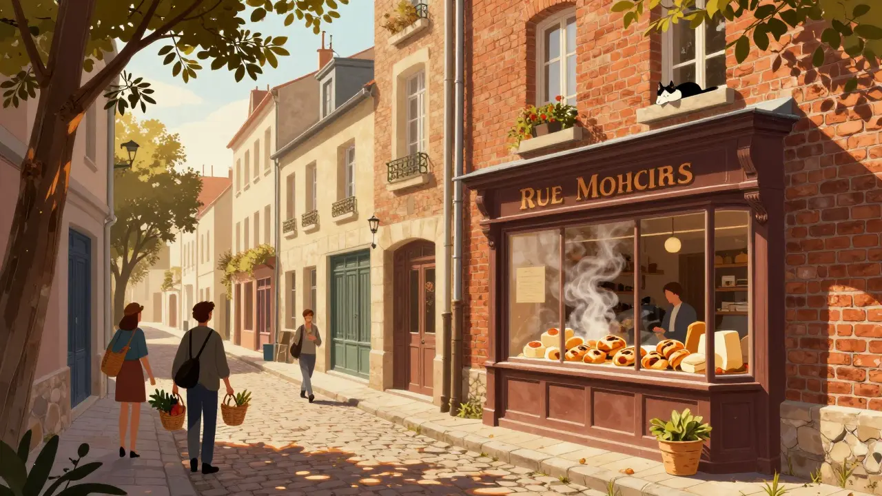A local street market in Rue des Martyrs with a bakery window displaying fresh pastries and shoppers carrying baskets.