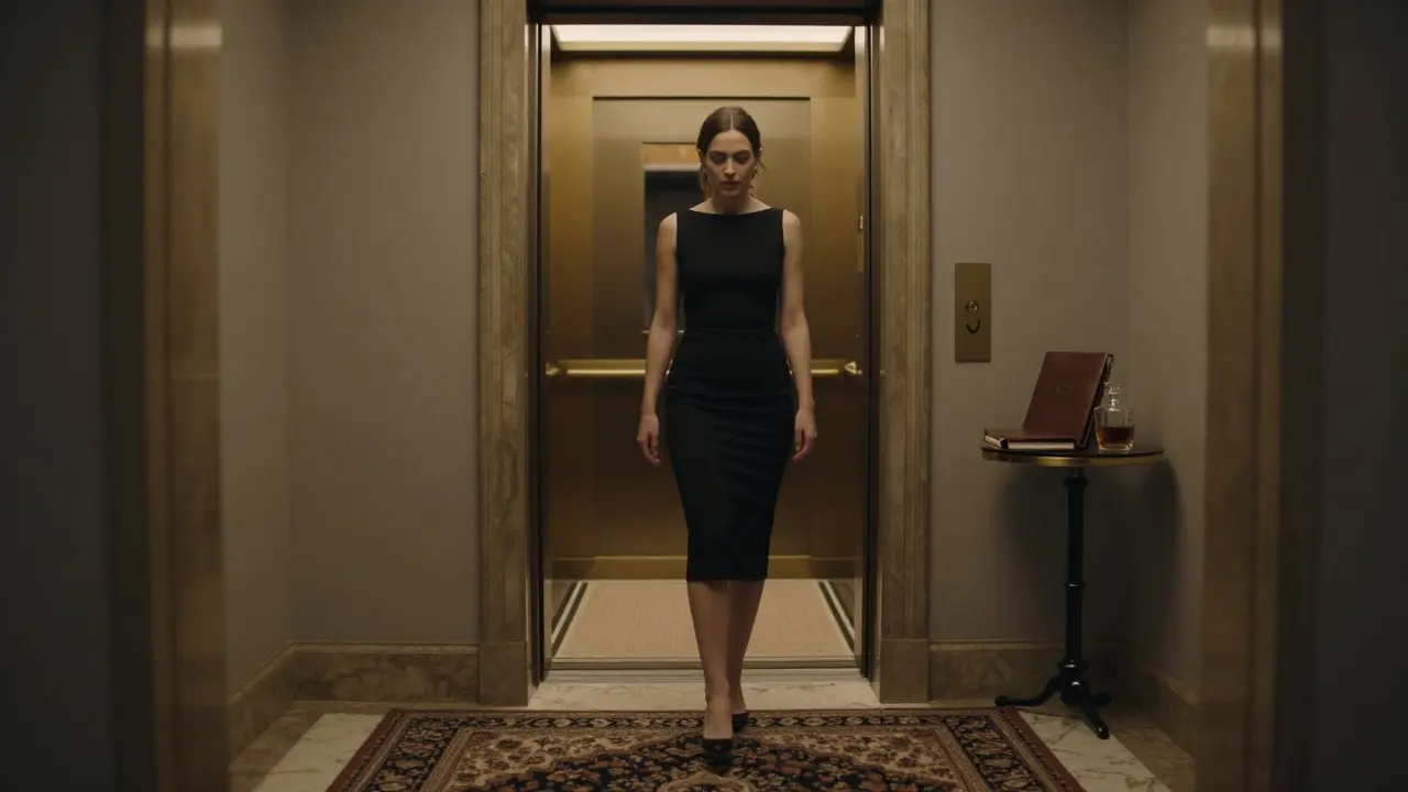 A luxury hotel suite entrance in Berlin at dusk, no staff, only a dossier and whiskey decanter on a side table.