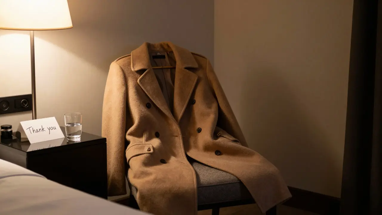 A luxury Milan hotel room at night with a coat and handwritten note, conveying respect and closure after a companionship meeting.