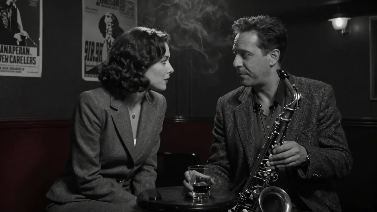 A man and woman in a dim jazz club in Saint-Germain, listening intently, smoke and soft light creating a moody atmosphere.