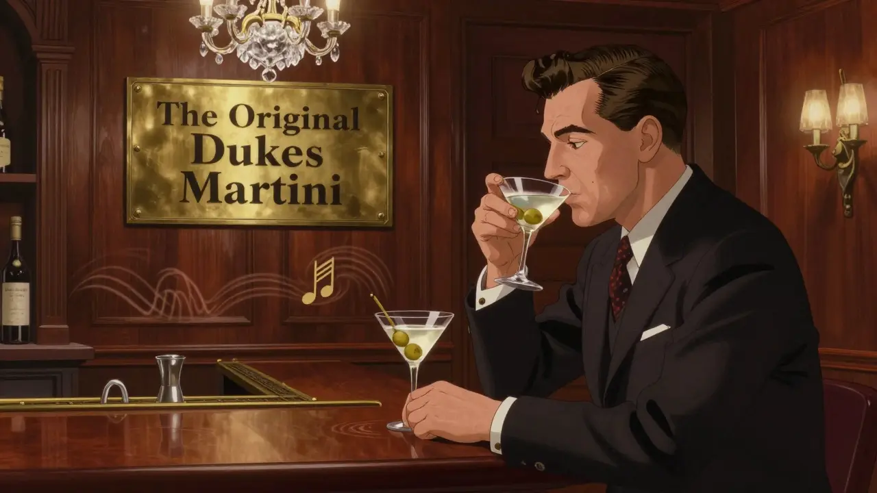 A man sips a classic Dukes Martini in a quiet, elegant 1950s-style bar with no phones allowed.