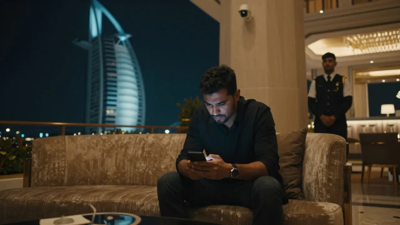 A man sitting alone in a luxury hotel lobby, checking his phone while security cameras watch overhead.