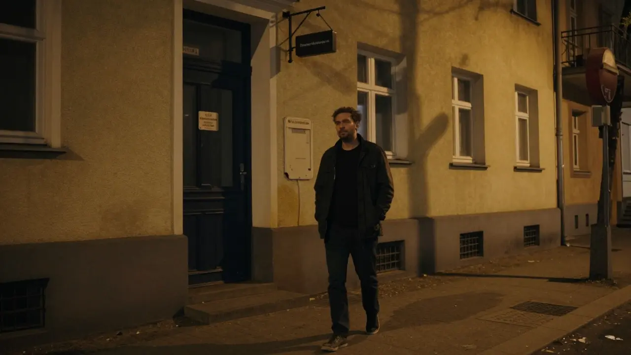 A man walks alone at night in Kreuzberg, passing a quiet residential building under streetlights.