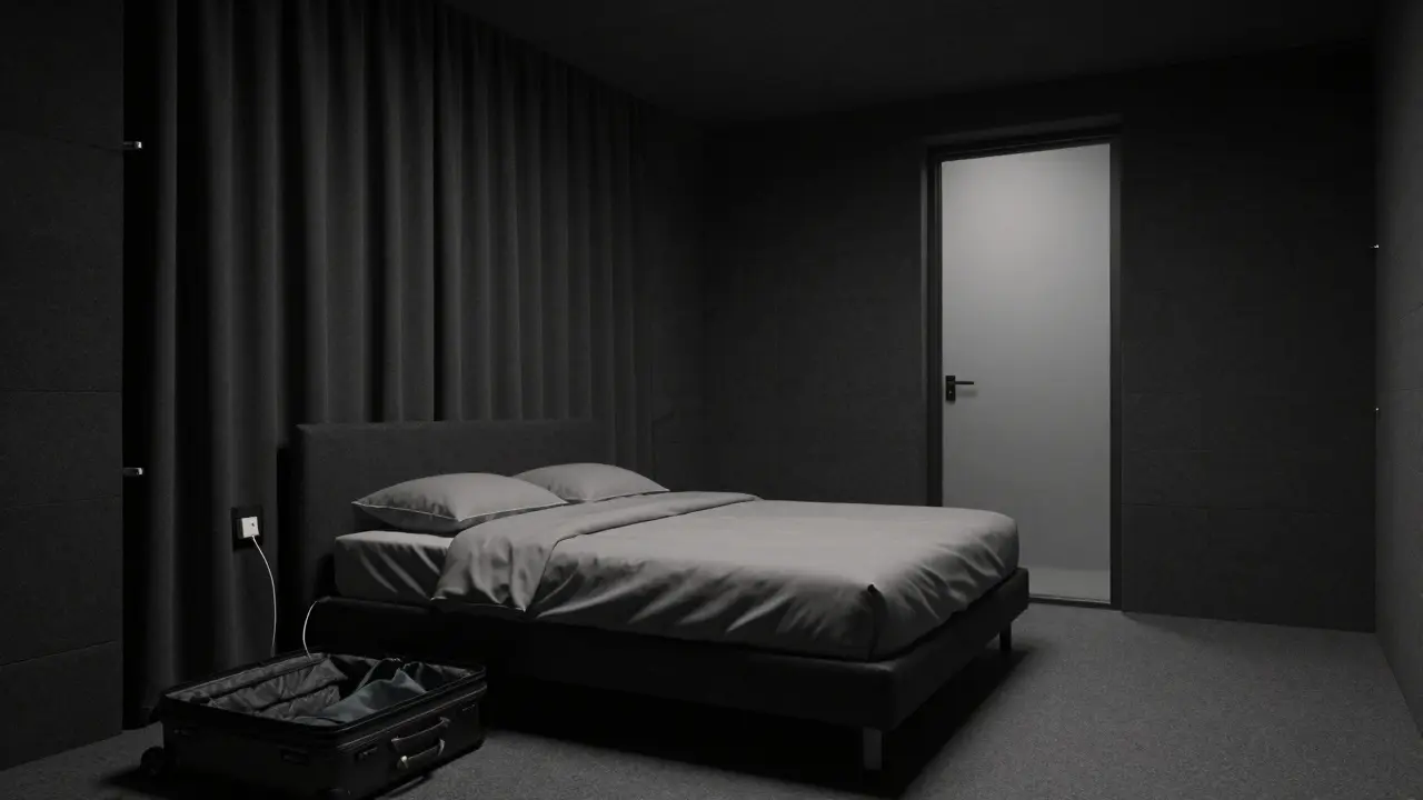 A minimalist hotel room with blackout curtains, no electronics, and a frosted bathroom door, conveying complete privacy.