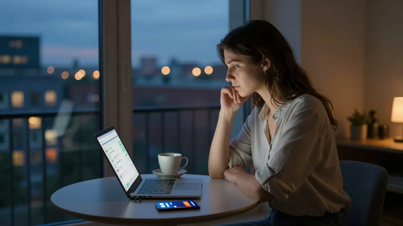 A modern escort works from a quiet Berlin apartment, reviewing messages on a laptop with hotel keycard nearby.