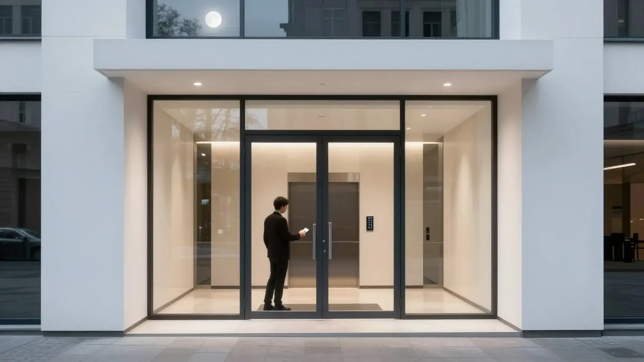 A modern hotel entrance with a glass door and keypad, a lone figure entering anonymously under moonlight.