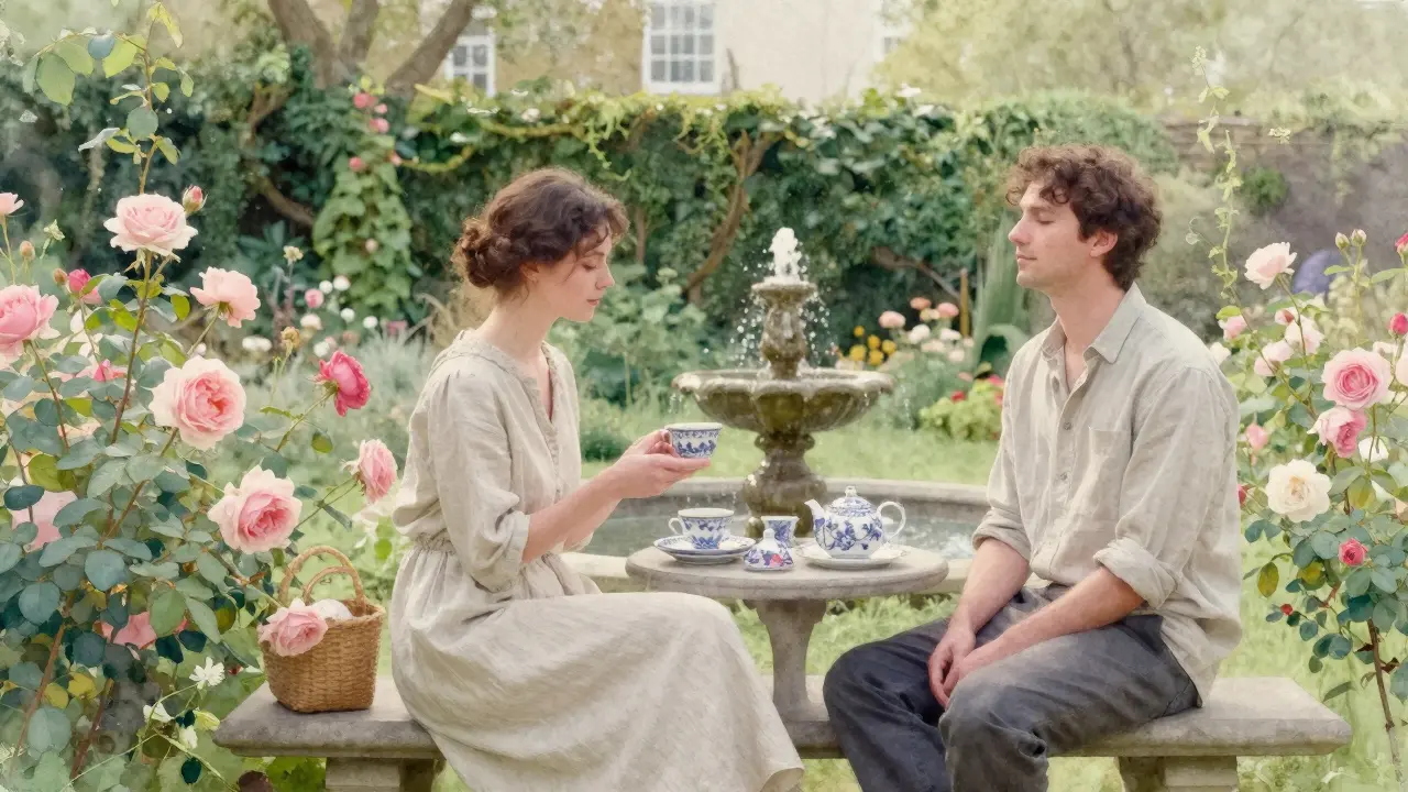 A peaceful garden scene with a woman offering tea to a man in quiet, mindful presence.