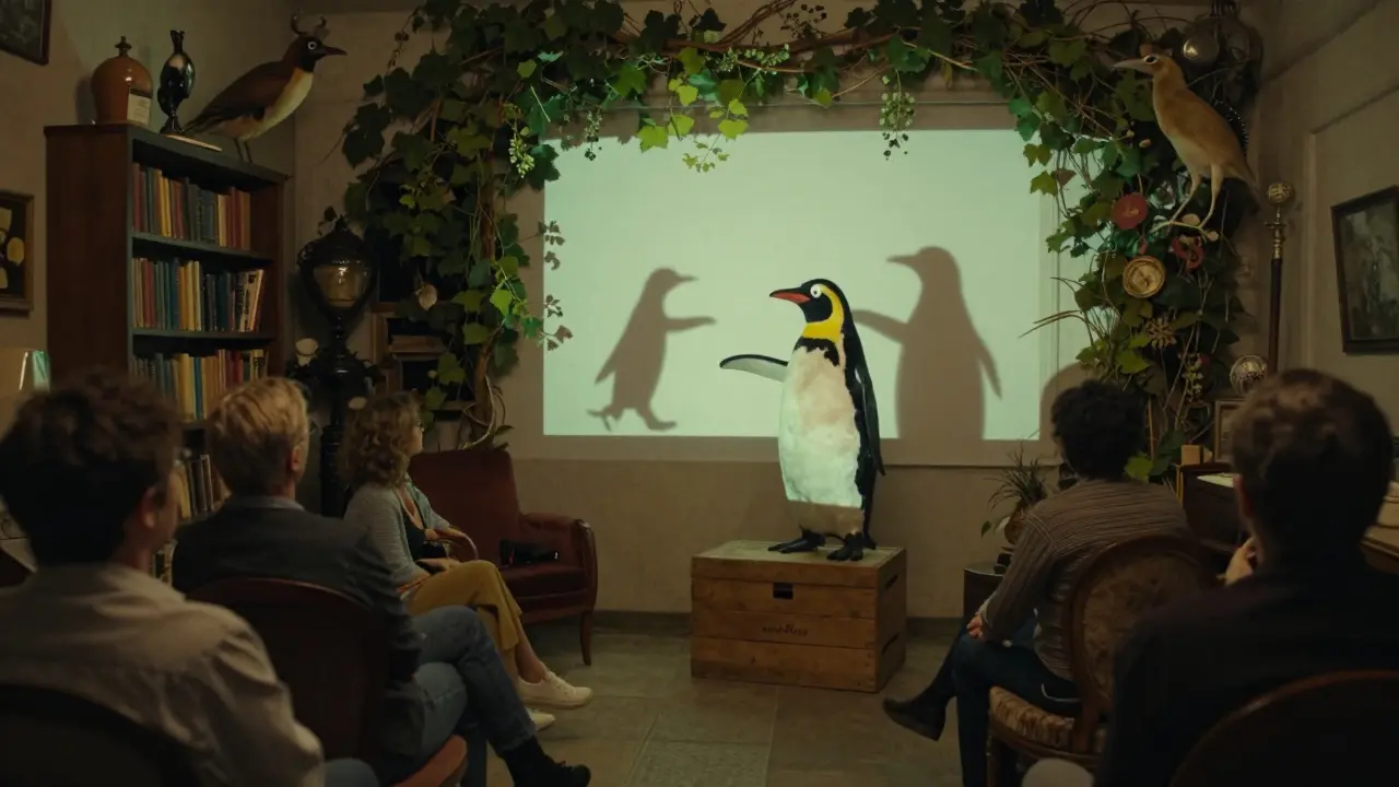 A penguin-costumed comedian performing surreal shadow puppet comedy in a quirky hidden venue.