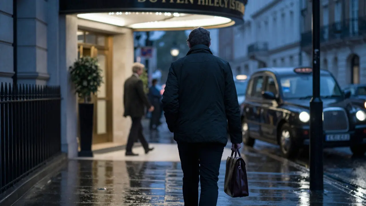 A person walking away from a luxury hotel in rainy London, anonymous and discreet.