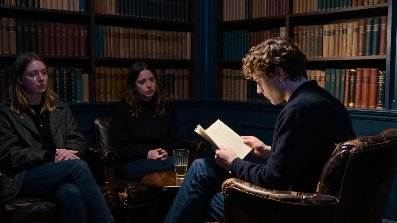 A poet reads to a silent, emotional audience in a book-lined Covent Garden room.