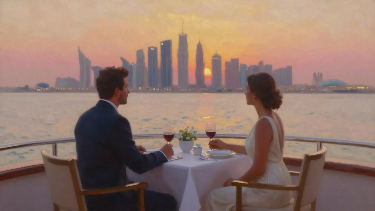 A private yacht at sunset with two elegantly dressed figures, Abu Dhabi skyline blurred in the distance.