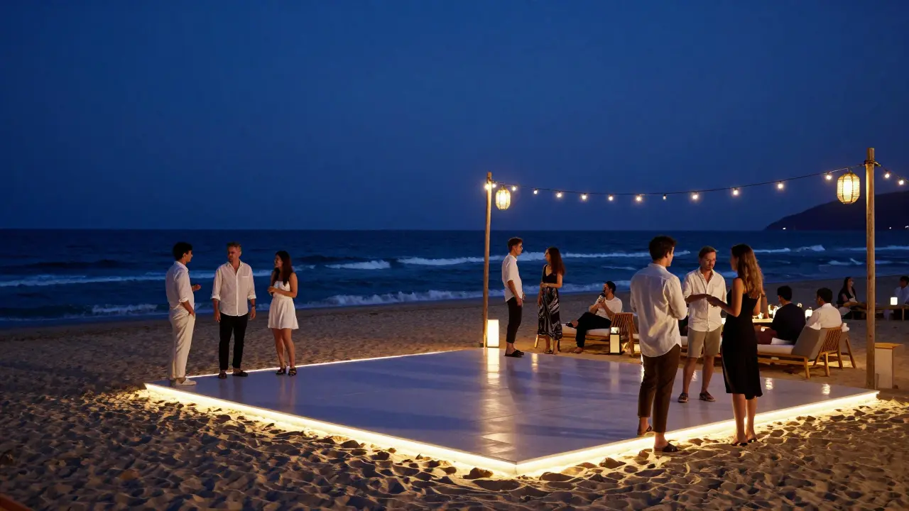 A quiet beachside lounge at night with soft lights, guests dancing gently, and the ocean shimmering under starlight.