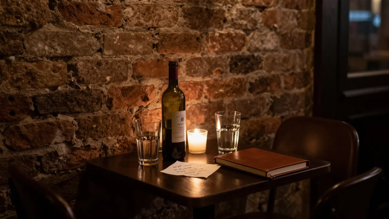 A secluded wine bar table in the Latin Quarter with a bottle of Bordeaux and a handwritten note, empty chairs suggesting quiet company.