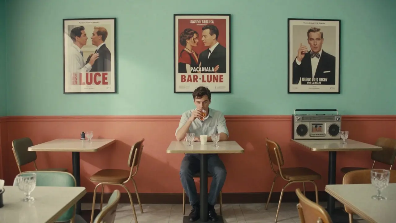 A serene scene at Bar Luce with pastel walls and vintage jukebox in Wes Anderson style.