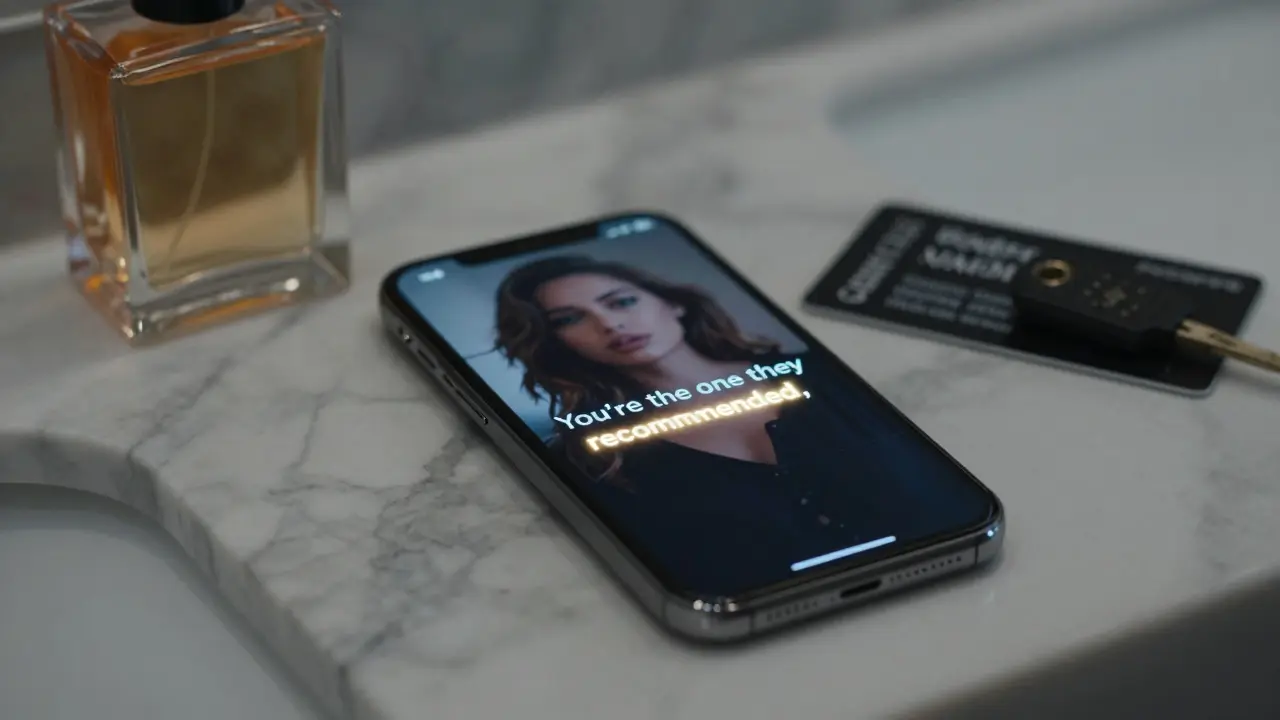 A smartphone displays an encrypted message on a marble counter, next to a perfume bottle and hotel keycard.