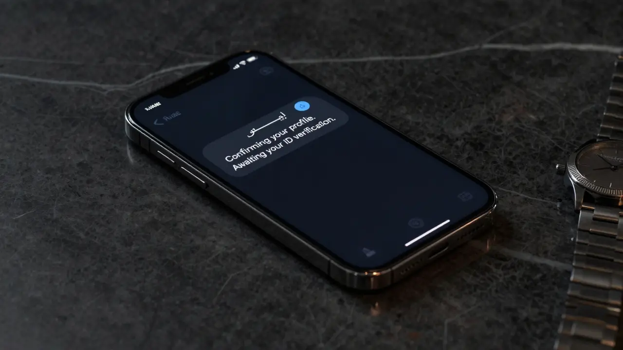 A smartphone screen displaying an encrypted message with a luxury watch reflected on marble.