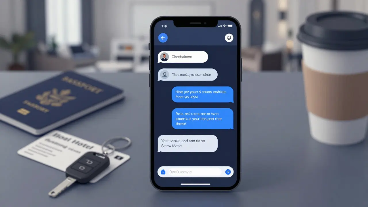 A smartphone showing encrypted messages with passport and hotel keycard nearby, symbolizing verified, private escort arrangements.