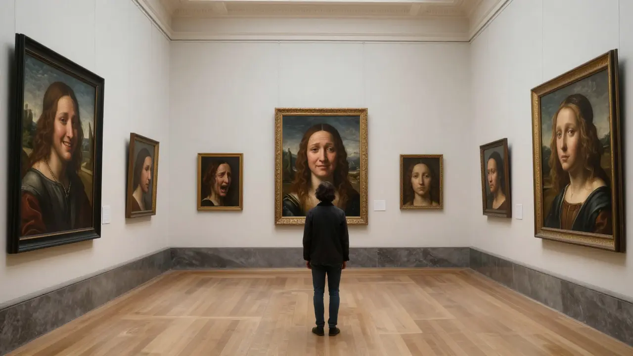 A solitary figure in an art gallery surrounded by reflections of human emotions.