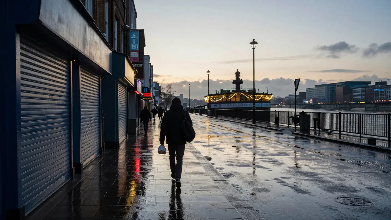 A solitary walker home at dawn in London, taco box in hand, city lights reflecting on wet streets.