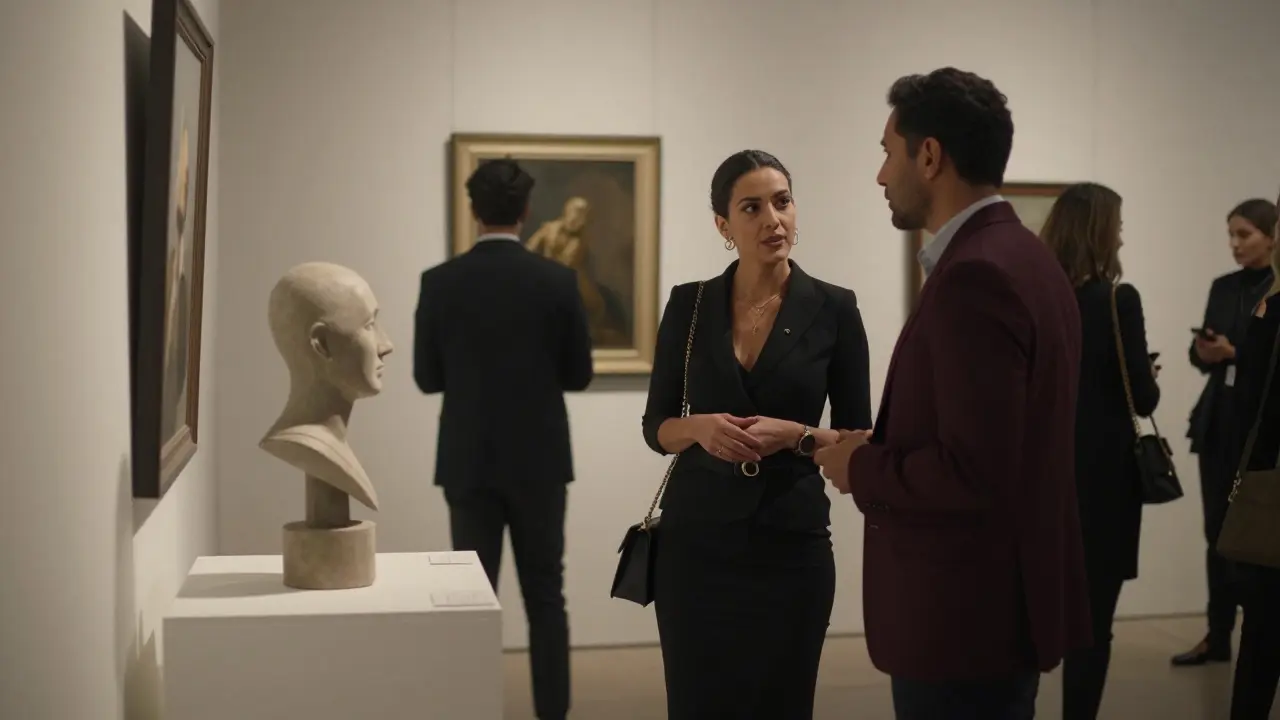 A sophisticated woman in black conversing with a client beside a modern sculpture at an exclusive art gallery in Dubai.