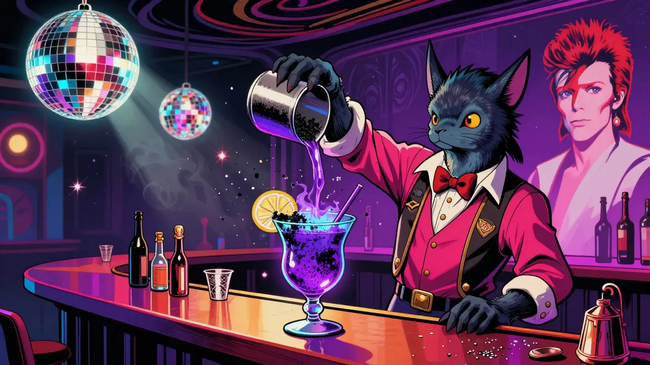 A vibrant 1970s-themed cocktail at Nightjar glows with color and glitter under psychedelic lighting.