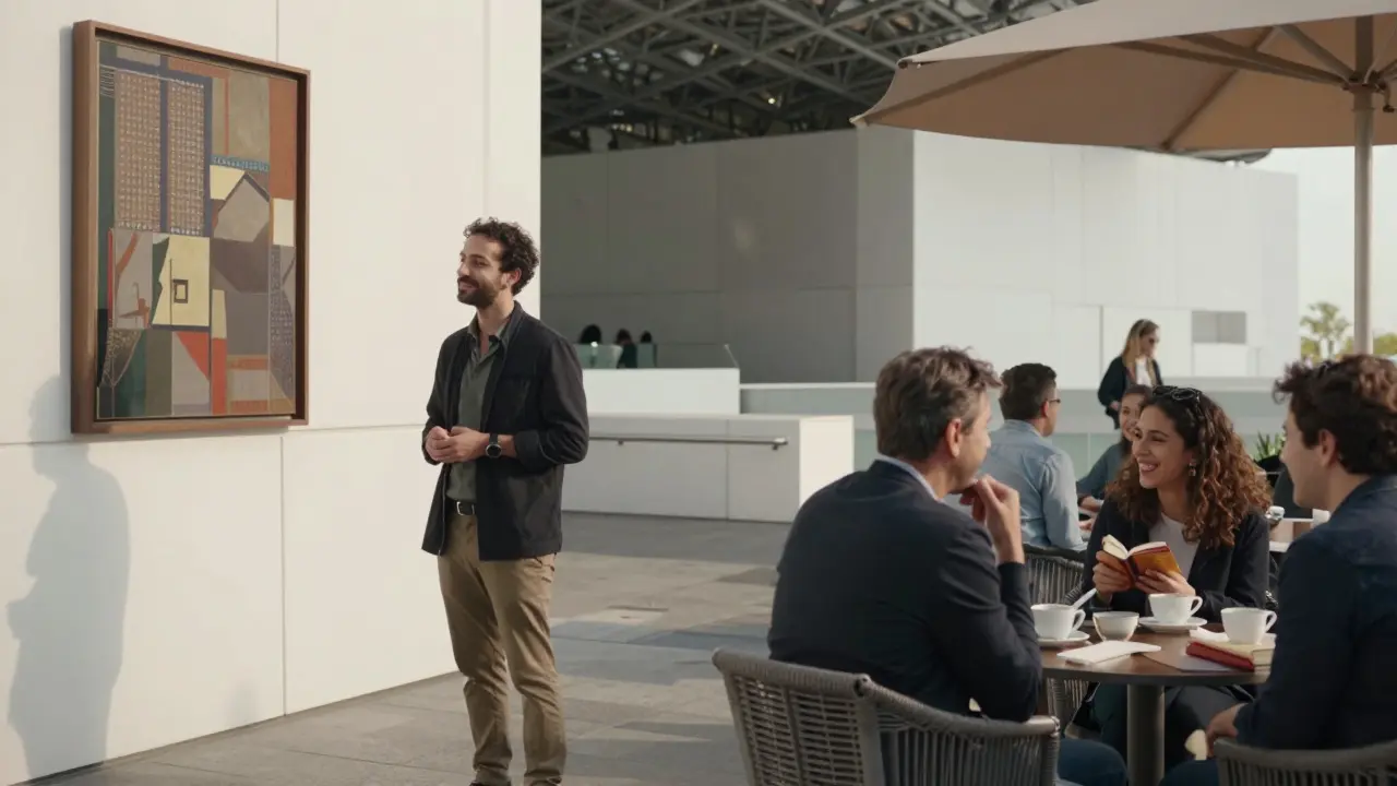 A visitor enjoying art at Louvre Abu Dhabi, surrounded by people engaging in cultural activities.