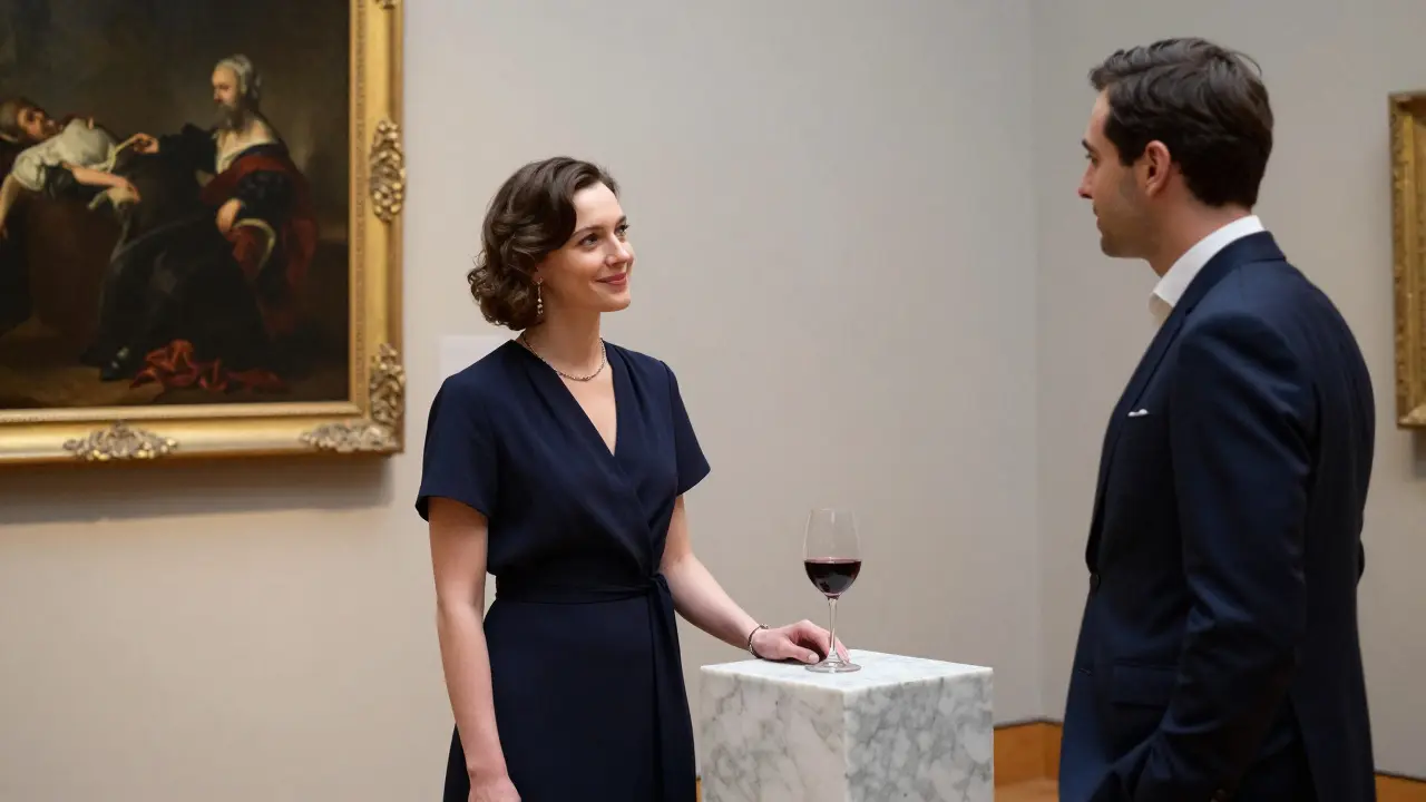 A woman and man sit quietly in an art gallery, engaged in thoughtful conversation beside a classical painting.