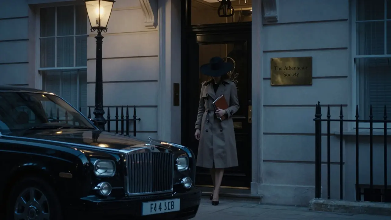A woman exiting a black car at a discreet Mayfair townhouse with no visible signage.