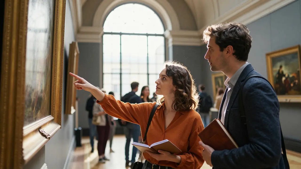 A woman explains a painting to a man at the National Gallery, surrounded by art and sunlight.
