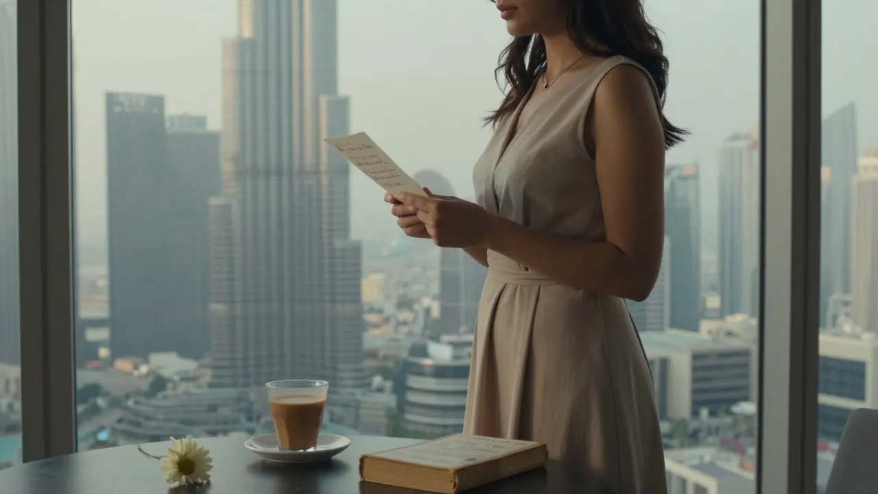 A woman holding a handwritten note near a Dubai skyline window, reflecting after a meaningful encounter.