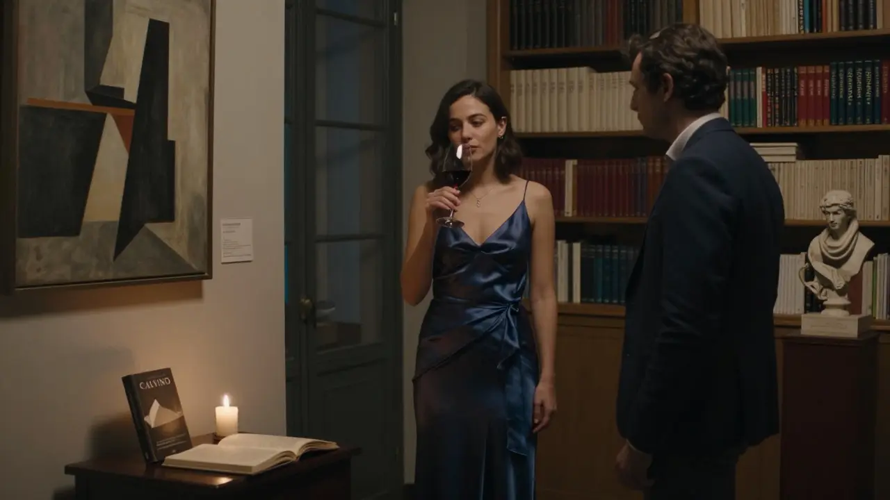 A woman in a silk gown and a client admire art in a quiet Brera gallery, lit by candlelight and bookshelves.