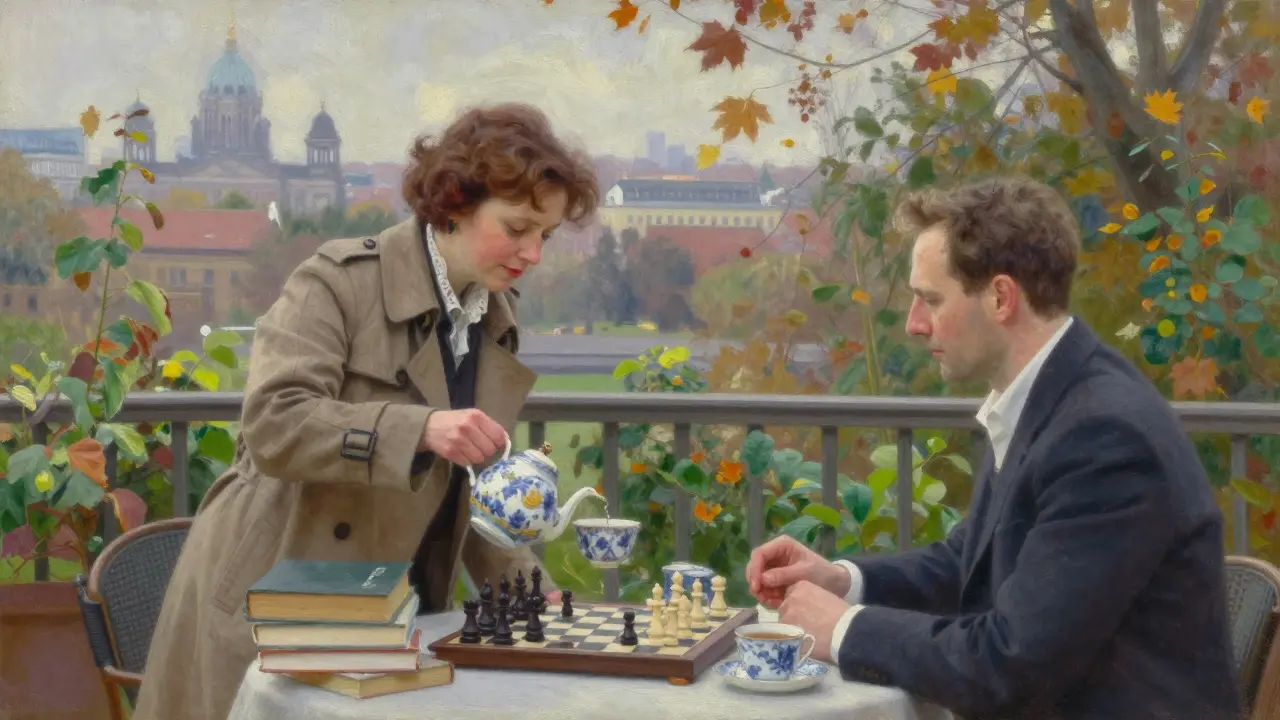 A woman pours tea for a man on a secluded garden terrace, art books and chess game nearby, autumn leaves falling softly.