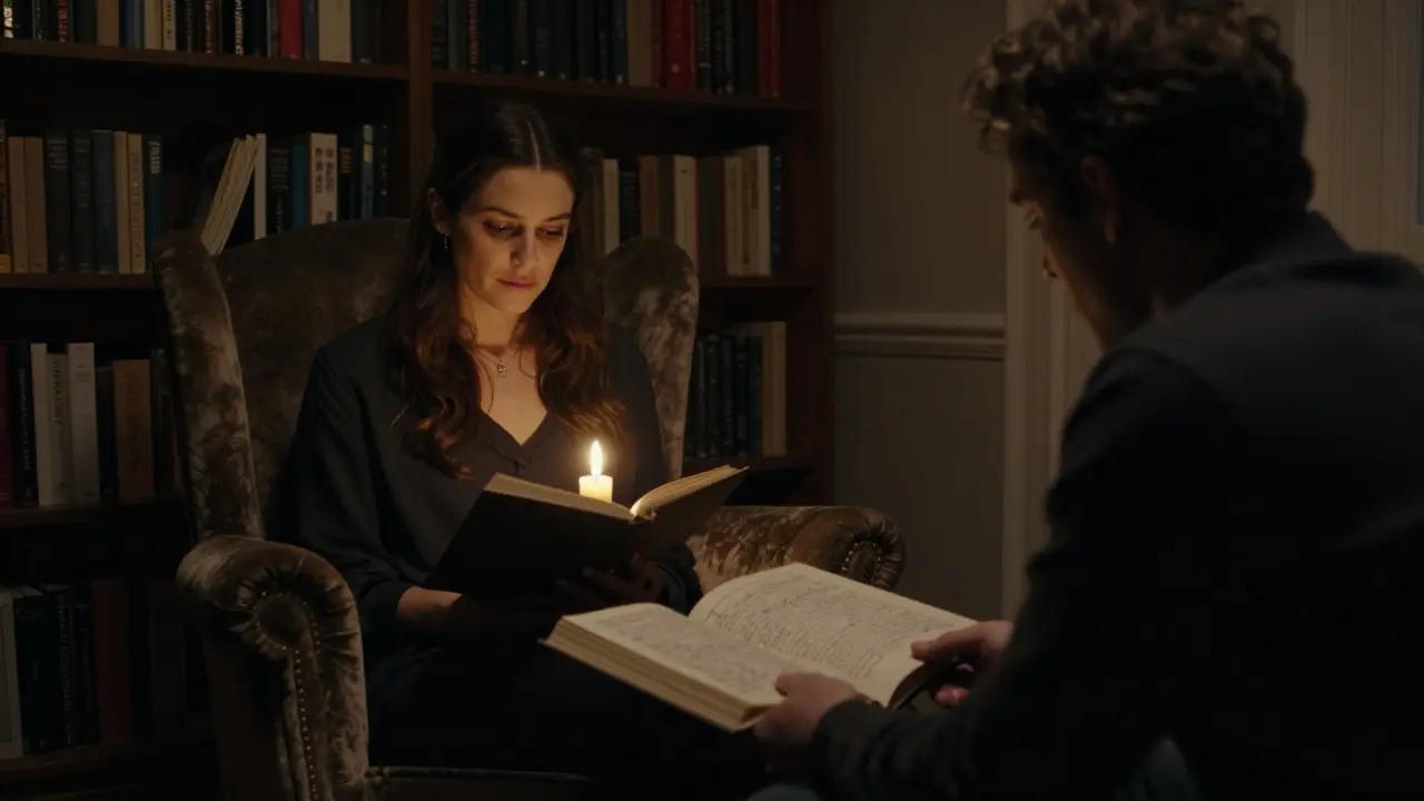 A woman reads by candlelight in a cozy study, a man watches her from shadow, conveying deep emotional connection without words.