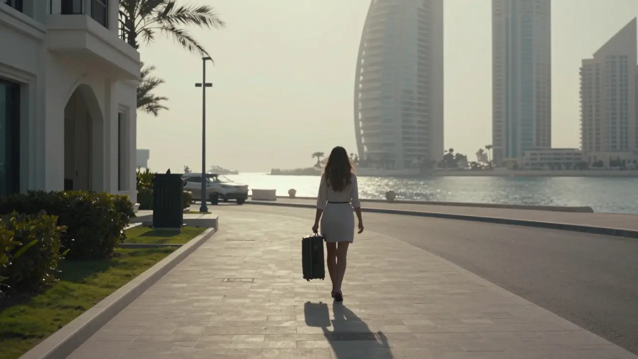 A woman walks away from a luxury villa at sunrise, suitcase in hand, shadow stretching across the pavement.
