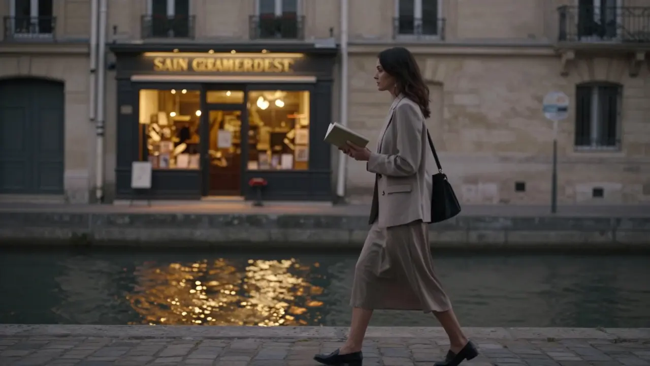 A woman walks peacefully along the Seine at twilight, reflecting the calm elegance of Parisian evenings.