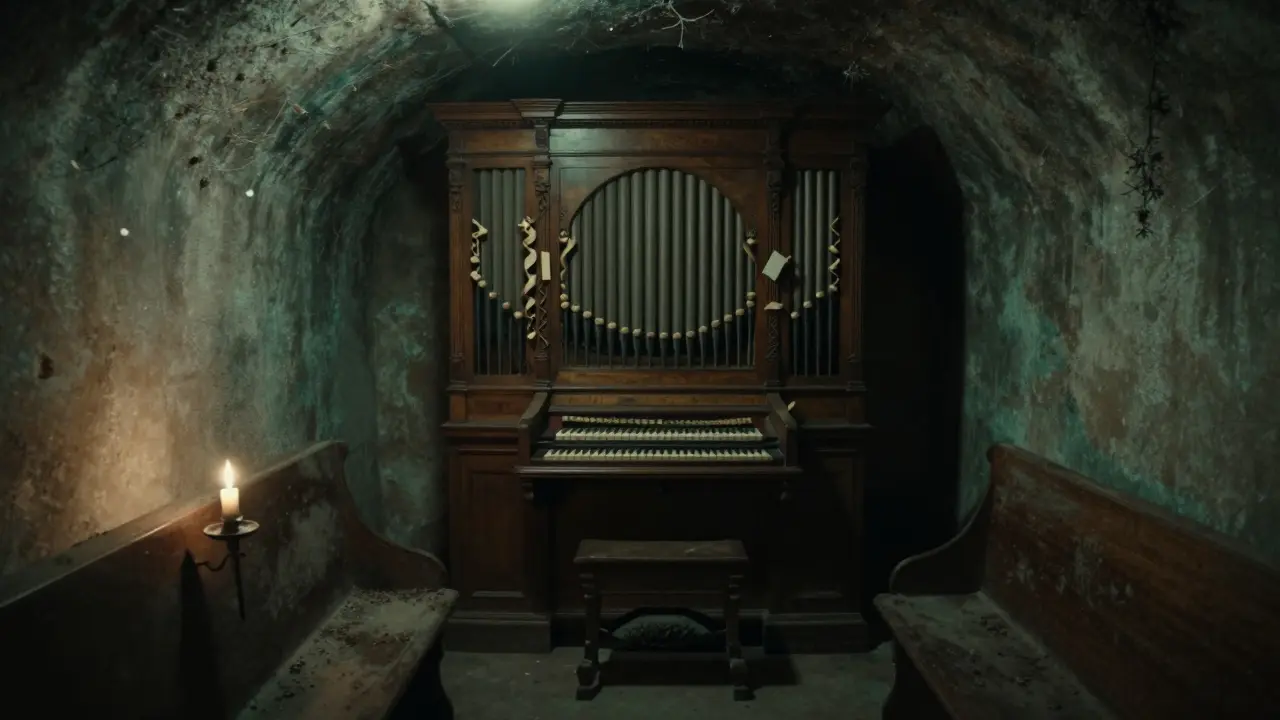 An ancient organ in a forgotten cellar, candles flickering, whispers implied in the air, surrounded by dust and timeless decay.