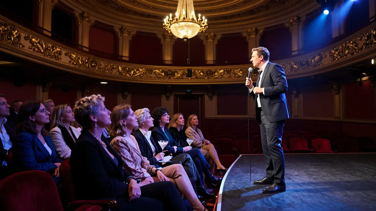 An elegant concert hall filled with an attentive audience enjoying a professional comedy show.