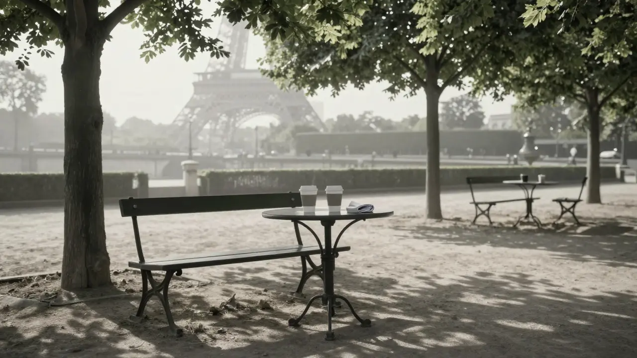 An empty garden bench at dawn in Paris, with coffee cups and chestnut shadows, mist rising toward the distant Eiffel Tower.