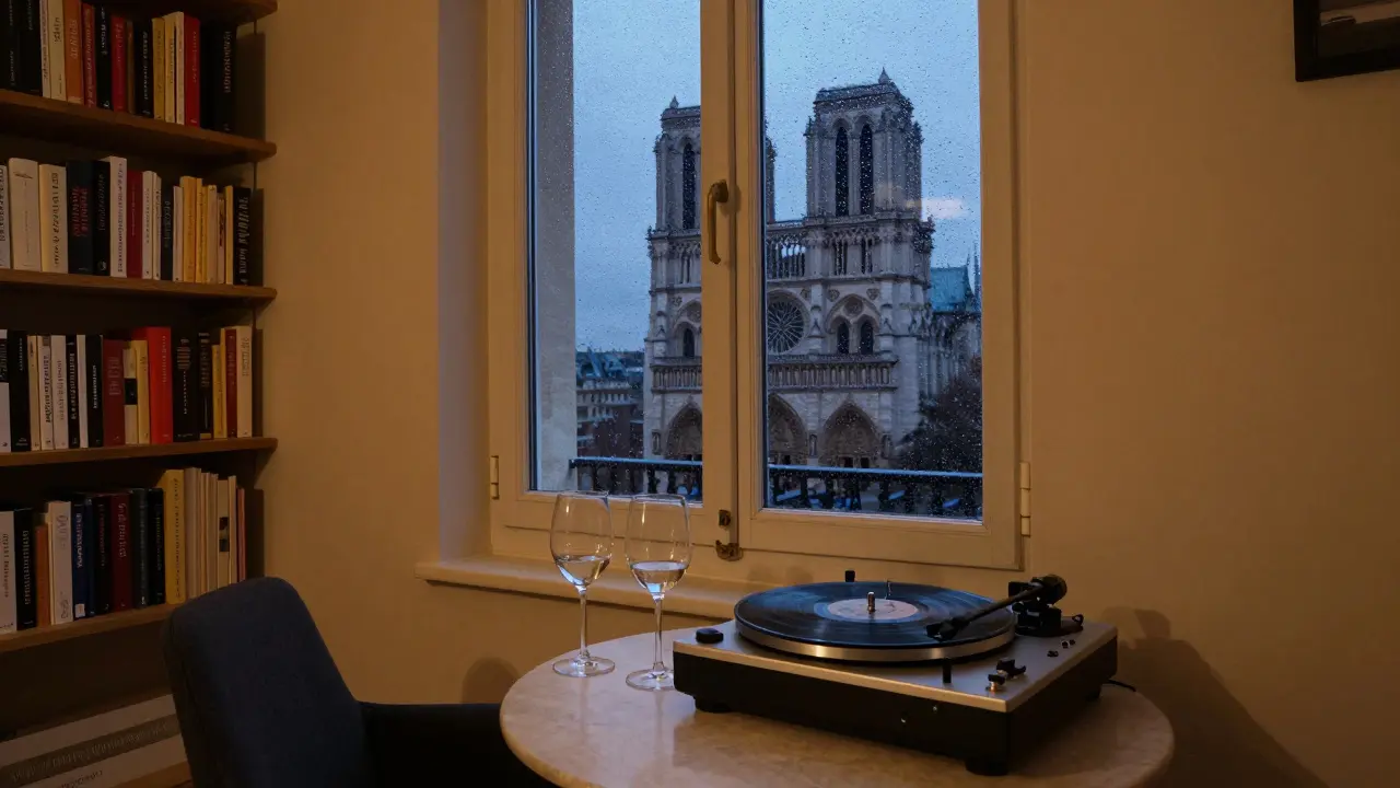 An intimate attic apartment in Paris with wine glasses, a vinyl record player, and Notre-Dame visible through a rainy window.
