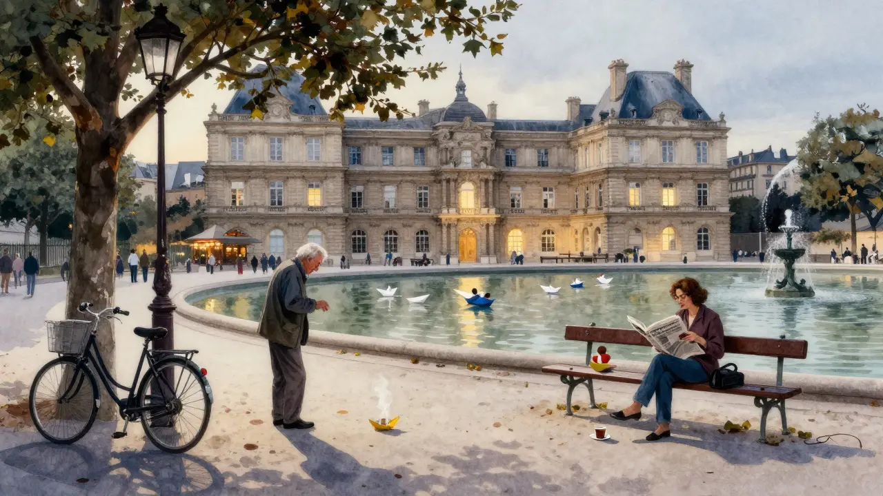 An intimate evening scene in Luxembourg Gardens with people enjoying quiet moments — no tourists, just Parisian life.