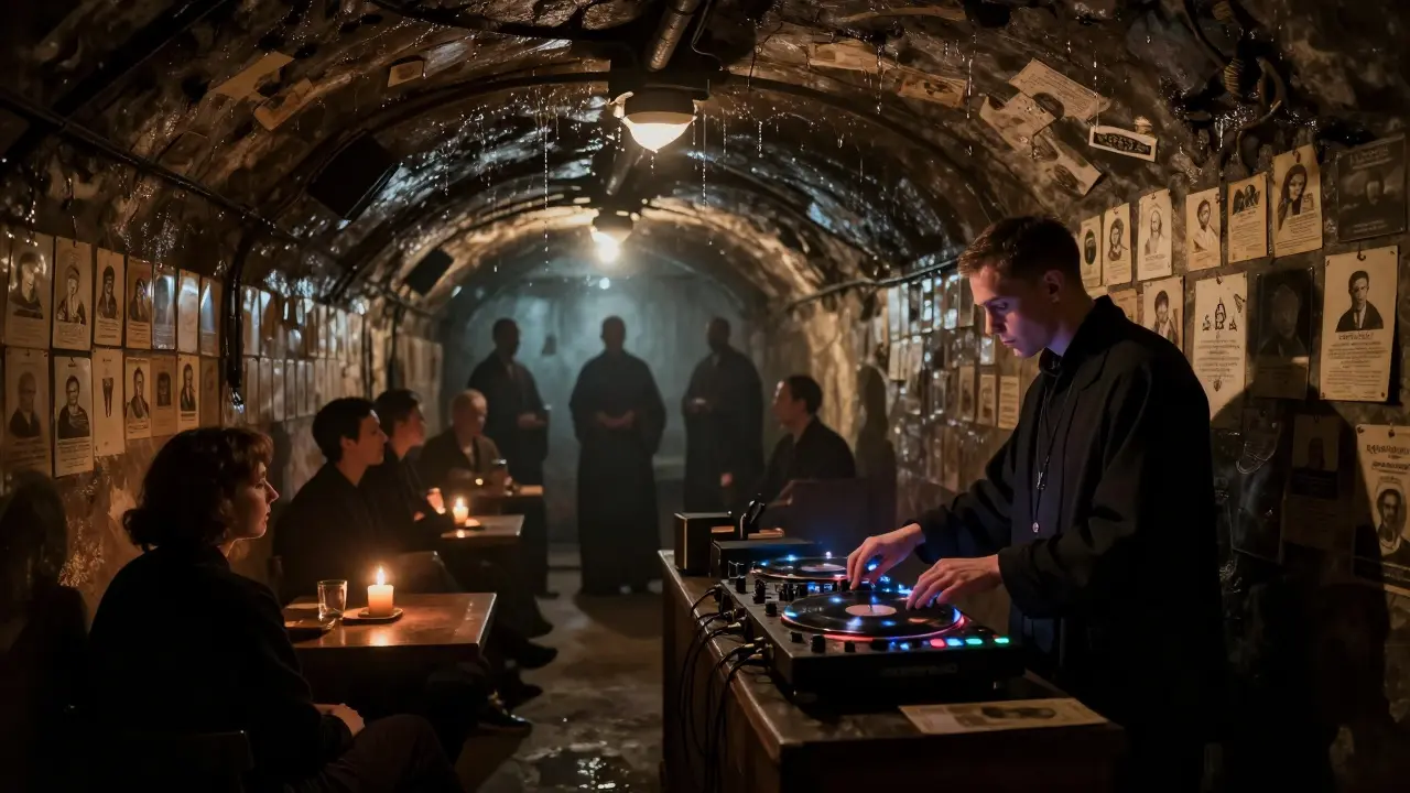 An underground crypt-like speakeasy with funeral cards on the walls and candlelit patrons in silence, dripping condensation overhead.