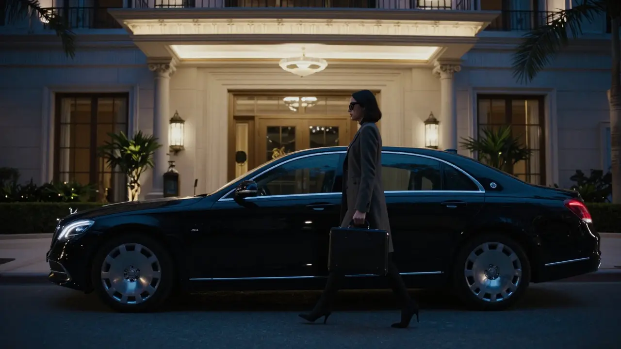 An unmarked luxury car outside a high-end hotel at night, a woman approaches with a briefcase, no faces visible.