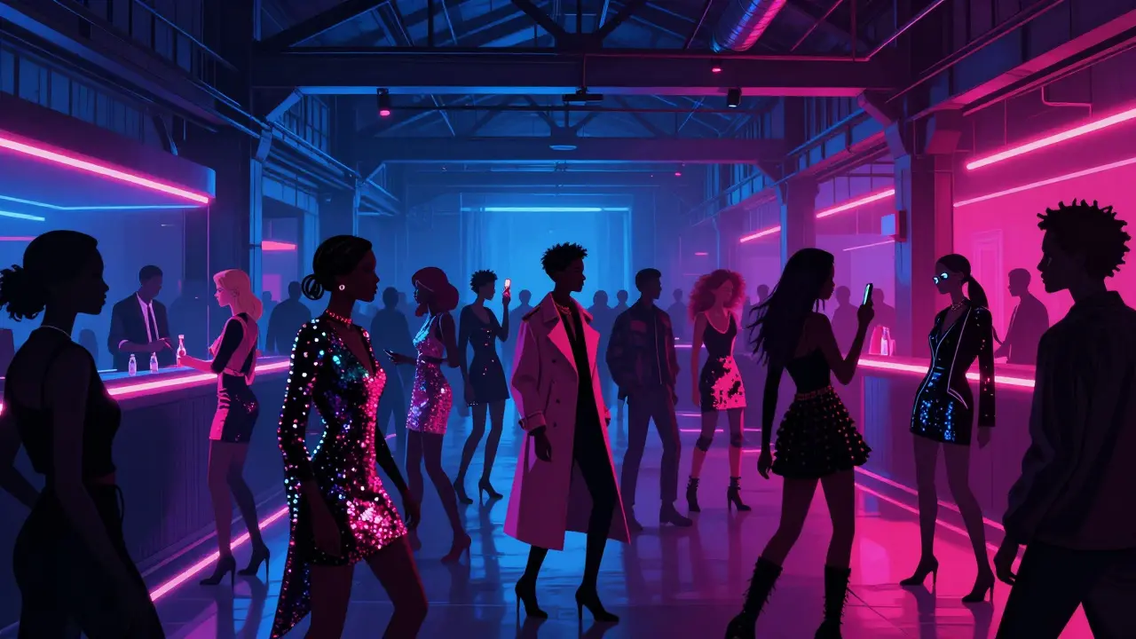 Avant-garde crowd dancing in Printworks nightclub under pulsing neon lights, layered outfits, no tracksuits.