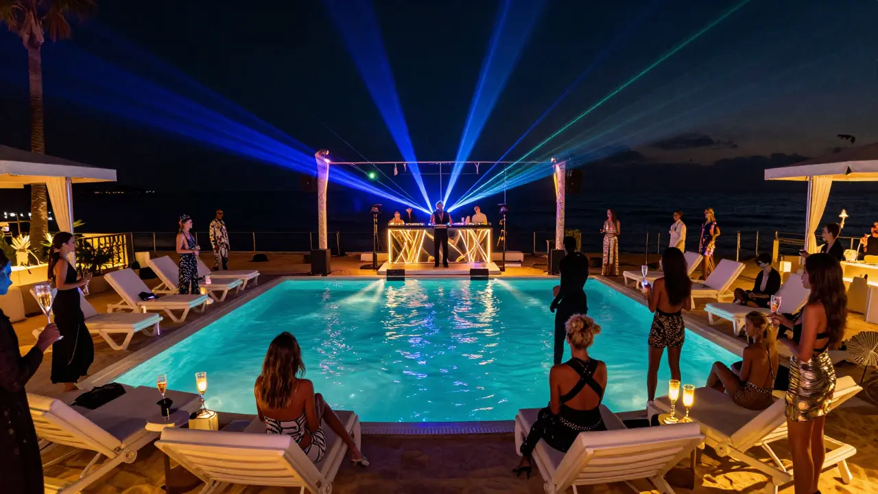 Beach club dance floor at night with pool lights, DJ on floating stage, guests in designer clothes under neon lasers.